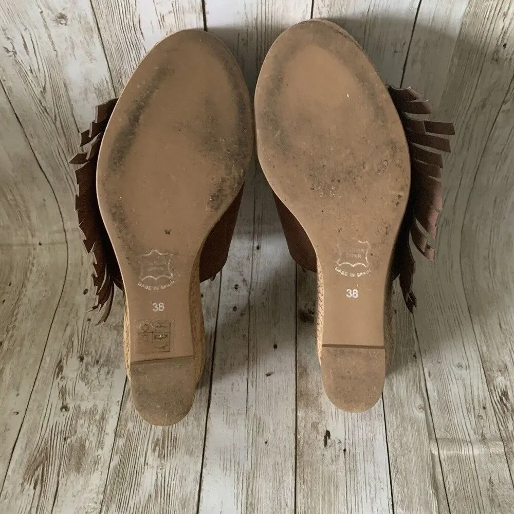 Brenda Zaro Women's Suede Wedge Slip on Slideswith Fringe Size 7.5 Made in Spain
